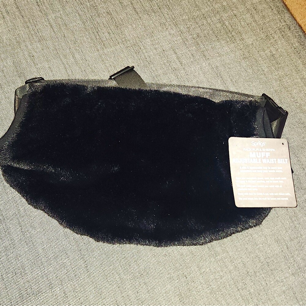 Sprigs Faux Fur Muffy Adjustable Waist Belt, 2 Zipper Pockets, OS, Black